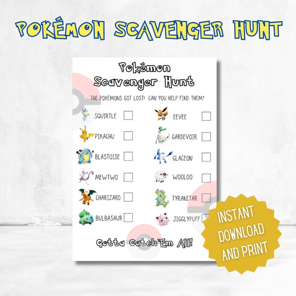 Pokémon Scavenger Hunt Printable, Pokémon Party Games, Kid's Scavenger Hunt, Kid's Printable Party Games