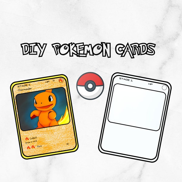 May include: Two printable Pokemon card templates. The first card features a cartoon image of Charmander, a fire-type Pokemon. The second card is blank and ready to be customized.