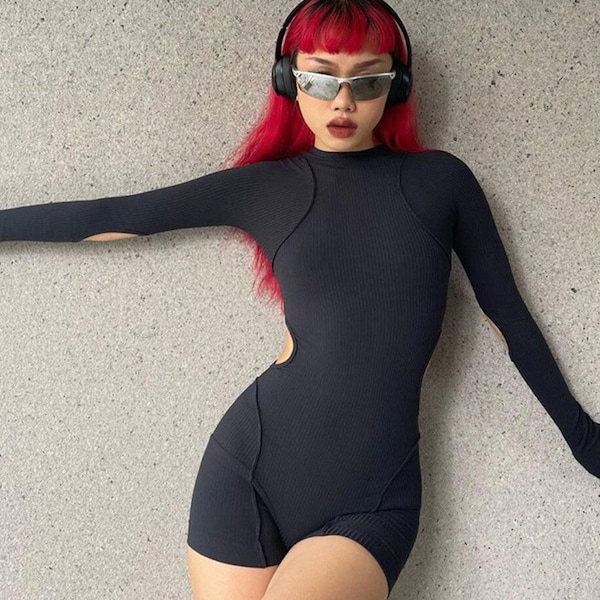 Goth Dark 3D Printed Cosplay Bodycon Jumpsuits Y2k Techwear Long Sleeve Gothic Punk Playsuits Anime Women Mock Neck Zip Bodysuit