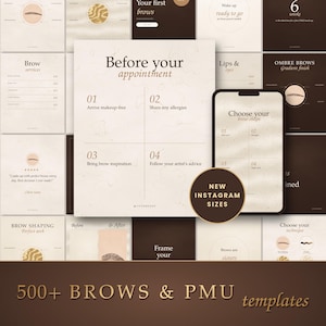 May include: A collection of digital social media templates for brow and permanent makeup services, featuring beige and dark brown colour schemes, instructional text, and graphic elements displayed on a smartphone and flat layouts.