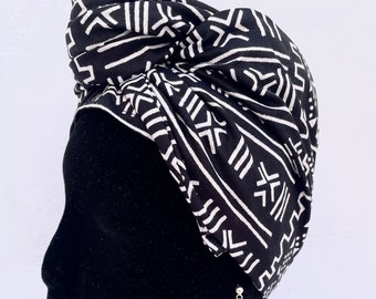 Turbante negro y blanco envoltura toda la cabeza, pañuelo africano, turbante quimioterapia, gorro africano