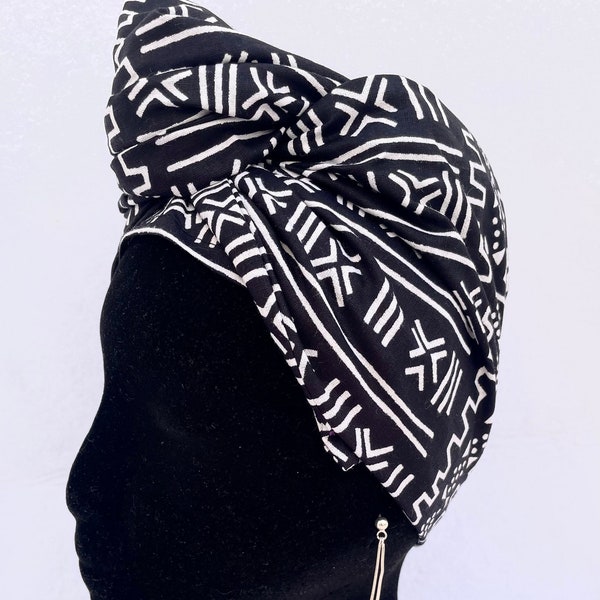 Turbante negro y blanco envoltura toda la cabeza, pañuelo africano, turbante quimioterapia, gorro africano