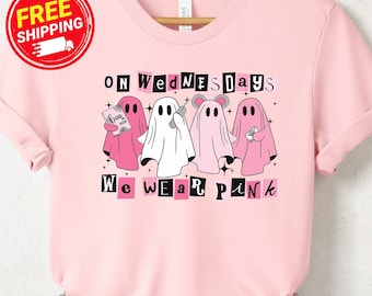 On Wednesday We Wear Pink Halloween Shirt, Cute Pink Ghost T-Shirt, Mean Girls Halloween Tee, Breast Cancer Shirt, Halloween Cancer Shirt