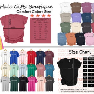 Op de afbeelding: Een display van Comfort Colors t-shirts in verschillende kleuren, met een maattabel en de tekst "Hale Gifts Boutique". De afbeelding bevat een maattabel met afmetingen in inches en de tekst "3XL-4XL BESCHIKBAAR."