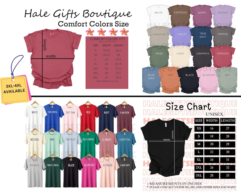 Op de afbeelding: Een display van Comfort Colors t-shirts in verschillende kleuren, met een maattabel en de tekst "Hale Gifts Boutique". De afbeelding bevat een maattabel met afmetingen in inches en de tekst "3XL-4XL BESCHIKBAAR."
