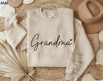 Personalized Grandma Sweatshirt with Grandkids Names on Sleeve, Mothers Day Gift, Birthday Gift for Grandma, New Grandma Sweaters