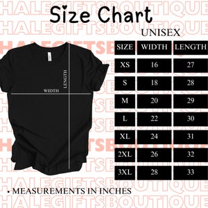 K&ouml;nnte beinhalten: Gr&ouml;&szlig;entabelle f&uuml;r Unisex-T-Shirts, mit Ma&szlig;en in Zoll f&uuml;r Breite und L&auml;nge, f&uuml;r die Gr&ouml;&szlig;en XS bis 3XL.
