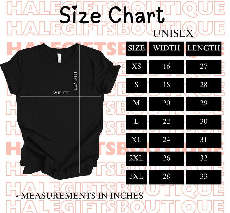 K&ouml;nnte beinhalten: Gr&ouml;&szlig;entabelle f&uuml;r Unisex-T-Shirts, mit Ma&szlig;en in Zoll f&uuml;r Breite und L&auml;nge, f&uuml;r die Gr&ouml;&szlig;en XS bis 3XL.