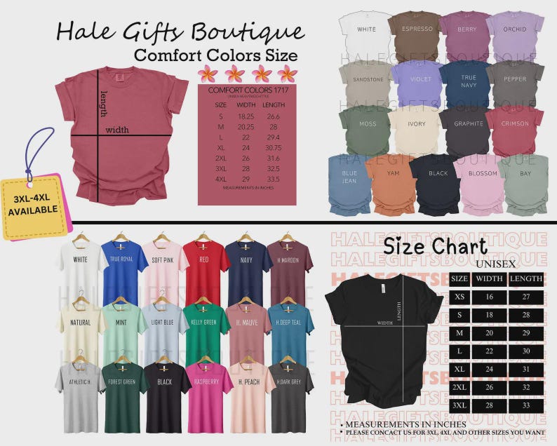 May include: Image featuring a variety of t-shirts in different colors, with a size chart and the text "Hale Gifts Boutique." The image includes a size chart with measurements in inches and the text "3XL-4XL AVAILABLE."