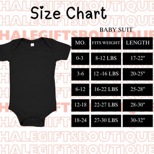 K&ouml;nnte beinhalten: Gr&ouml;&szlig;entabelle f&uuml;r Baby-Bodys. Die Tabelle zeigt das entsprechende Gewicht und die L&auml;nge f&uuml;r jede Gr&ouml;&szlig;e, von 0-3 Monaten bis 18-24 Monaten. Die Tabelle wird auf einem schwarzen Hintergrund mit wei&szlig;em Text angezeigt.