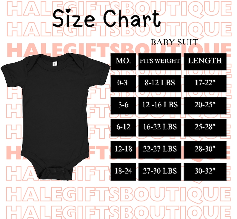 K&ouml;nnte beinhalten: Gr&ouml;&szlig;entabelle f&uuml;r Baby-Bodys. Die Tabelle zeigt das entsprechende Gewicht und die L&auml;nge f&uuml;r jede Gr&ouml;&szlig;e, von 0-3 Monaten bis 18-24 Monaten. Die Tabelle wird auf einem schwarzen Hintergrund mit wei&szlig;em Text angezeigt.