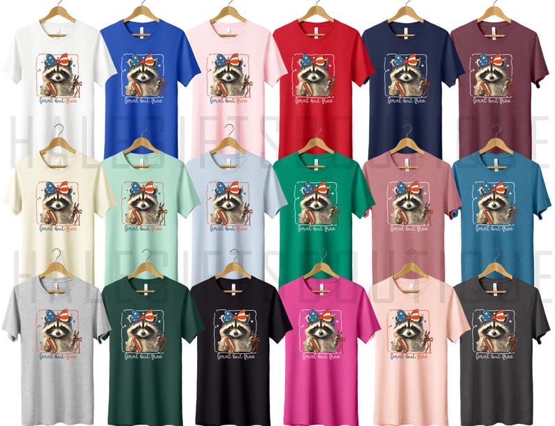Op de afbeelding: Een verzameling korte mouwen T-shirts in verschillende kleuren, elk met een wasbeer-afbeelding met een Amerikaanse vlag strik en de tekst "Born but Free". De shirts worden op houten hangers getoond.