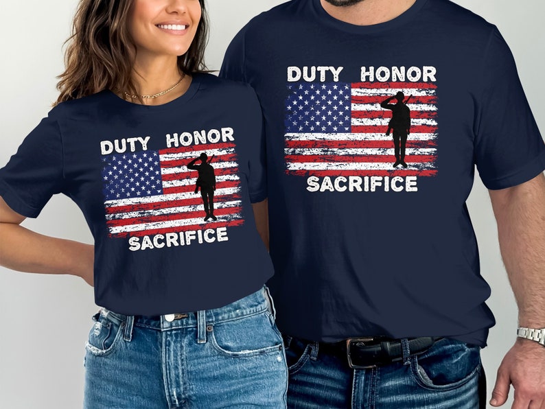 Military Pride Shirt, Distressed Flag with silhouette of soldier - Navy