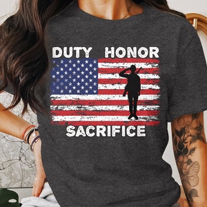 Military Pride Shirt, Distressed Flag with silhouette of soldier -  Heather Gray