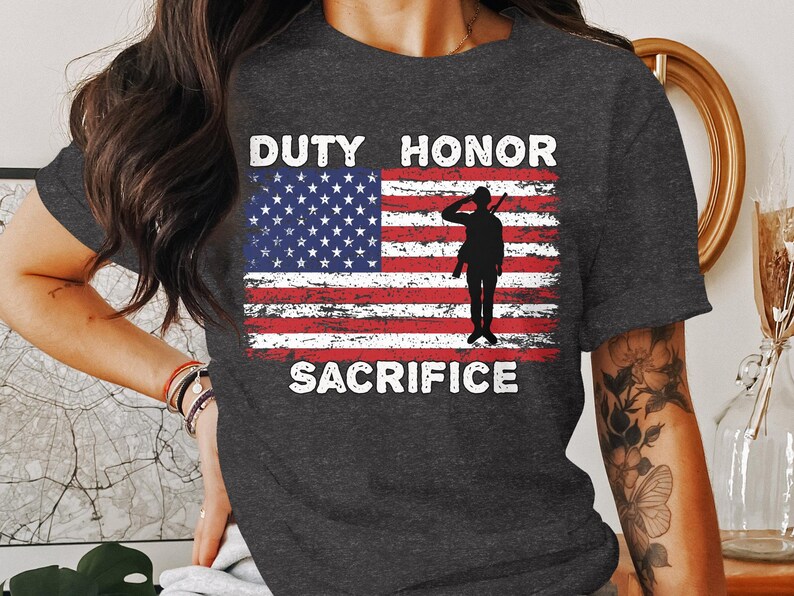 Military Pride Shirt, Distressed Flag with silhouette of soldier -  Heather Gray
