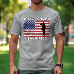 Military Pride Shirt, Distressed Flag with silhouette of soldier - Athletic Gray