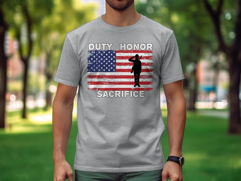 Military Pride Shirt, Distressed Flag with silhouette of soldier - Athletic Gray