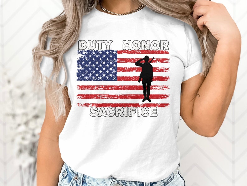 Military Pride Shirt, Distressed Flag with silhouette of soldier - White