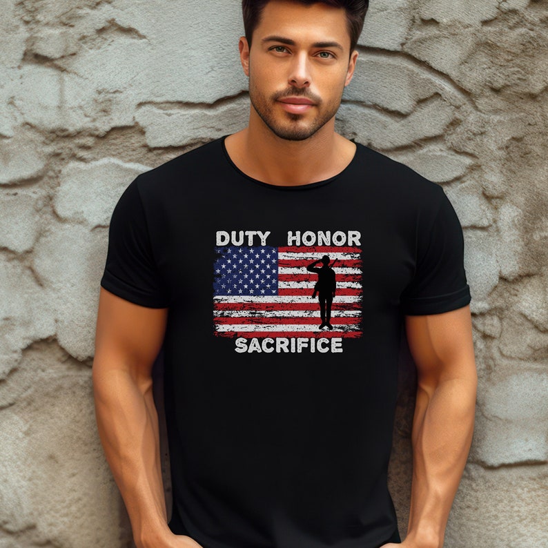 Military Pride Shirt, Distressed Flag with silhouette of soldier - Black
