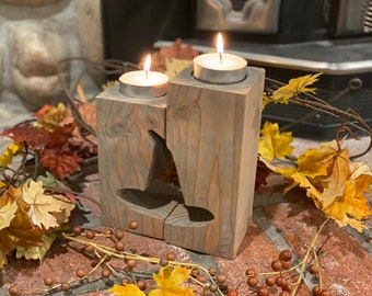 Portacandele con cappello da strega di Halloween in stile dittico ritagliato a mano (candele incluse)