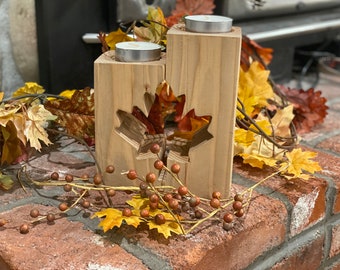 Portacandele a foglia d'autunno in stile dittico ritagliato a mano (candele incluse)