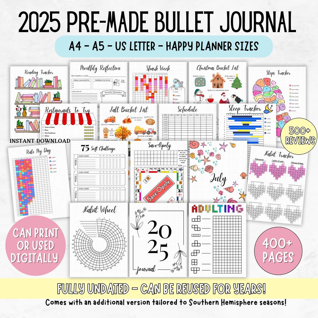2025 Printable Bullet Journal Undated, Bullet Journal Printable, Mood ...
