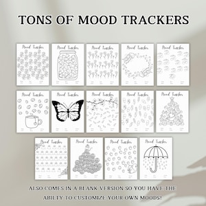 May include: A set of 12 printable mood trackers featuring various black and white illustrations. Each tracker has the text "Mood Tracker" at the top. The illustrations include coffee cups, butterflies, acorns, ghosts, and more.