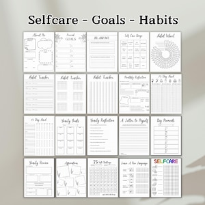 May include: A printable self-care journal with black and white pages. The journal includes sections for personal goals, habit trackers, monthly reflections, and more.