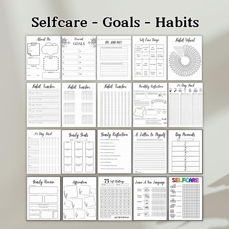 May include: A printable self-care journal with black and white pages. The journal includes sections for personal goals, habit trackers, monthly reflections, and more.
