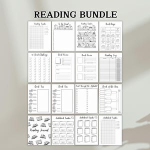 May include: A printable reading log bundle with 12 black and white pages. The pages include trackers for books read, books to be read, book reviews, a book challenge, a reading log, book bingo, book of the year, read through the alphabet, and audiobook trackers.