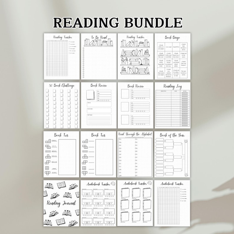 May include: A printable reading log bundle with 12 black and white pages. The pages include trackers for books read, books to be read, book reviews, a book challenge, a reading log, book bingo, book of the year, read through the alphabet, and audiobook trackers.