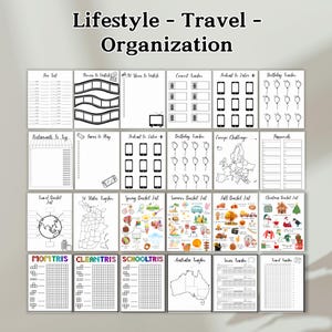 May include: A printable set of black and white planner pages with various themes, including travel, organization, and bucket lists. The pages feature illustrations of a globe, a map of the United States, a map of Europe, and a map of Australia.