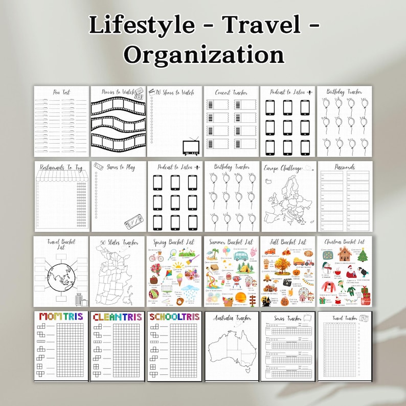 May include: A printable set of black and white planner pages with various themes, including travel, organization, and bucket lists. The pages feature illustrations of a globe, a map of the United States, a map of Europe, and a map of Australia.
