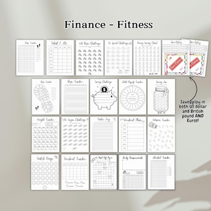 May include: A printable set of 16 black and white trackers for finance and fitness. The trackers include a step tracker, weight tracker, water log, workout plan, and more. The trackers are designed to help you stay on track with your goals.