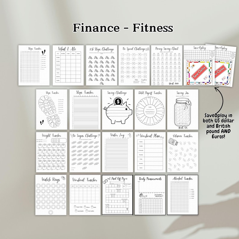 May include: A printable set of 16 black and white trackers for finance and fitness. The trackers include a step tracker, weight tracker, water log, workout plan, and more. The trackers are designed to help you stay on track with your goals.