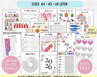 2026 Printable Mega Journal Undated, Bullet Journal Printable, Mood Trackers, Habit Trackers, Monthly Calendars, Selfcare fitness tracker