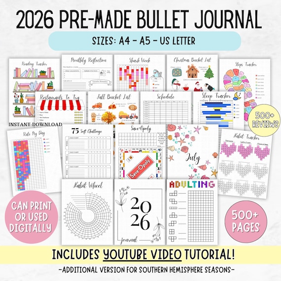 2026 Printable Mega Journal Undated, Bullet Journal Printable, Mood Trackers, Habit Trackers, Monthly Calendars, Selfcare fitness tracker