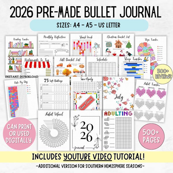 Megadiario imprimible sin fecha 2026, Bullet Journal imprimible, seguimiento del estado de ánimo, seguimiento de hábitos, calendarios mensuales, seguimiento de actividad física para el autocuidado.