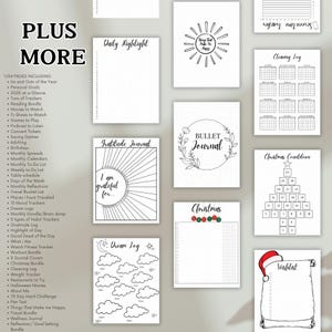 May include: A printable set of planner pages with a variety of themes, including daily highlights, gratitude journaling, bullet journaling, Christmas countdown, and wishlists. The pages are black and white and feature simple illustrations.