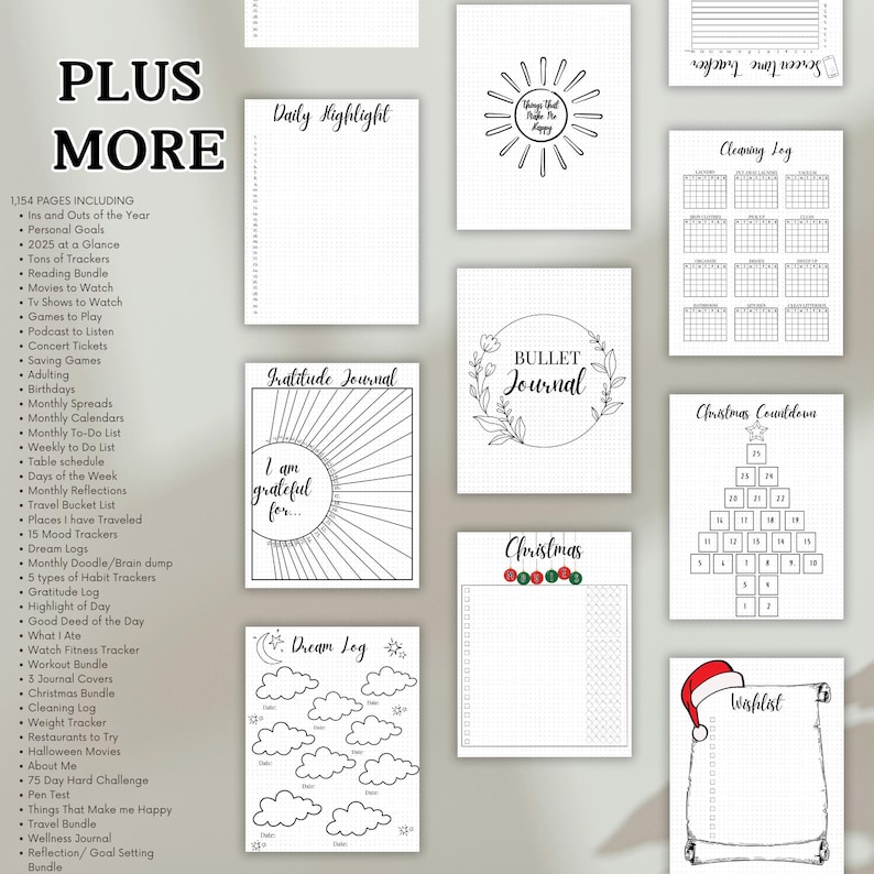 May include: A printable set of planner pages with a variety of themes, including daily highlights, gratitude journaling, bullet journaling, Christmas countdown, and wishlists. The pages are black and white and feature simple illustrations.