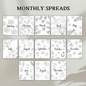 May include: A set of 12 printable monthly calendar spreads featuring black and white illustrations. Each month is represented by a different theme, such as fireworks for January, hearts for February, and flowers for May.