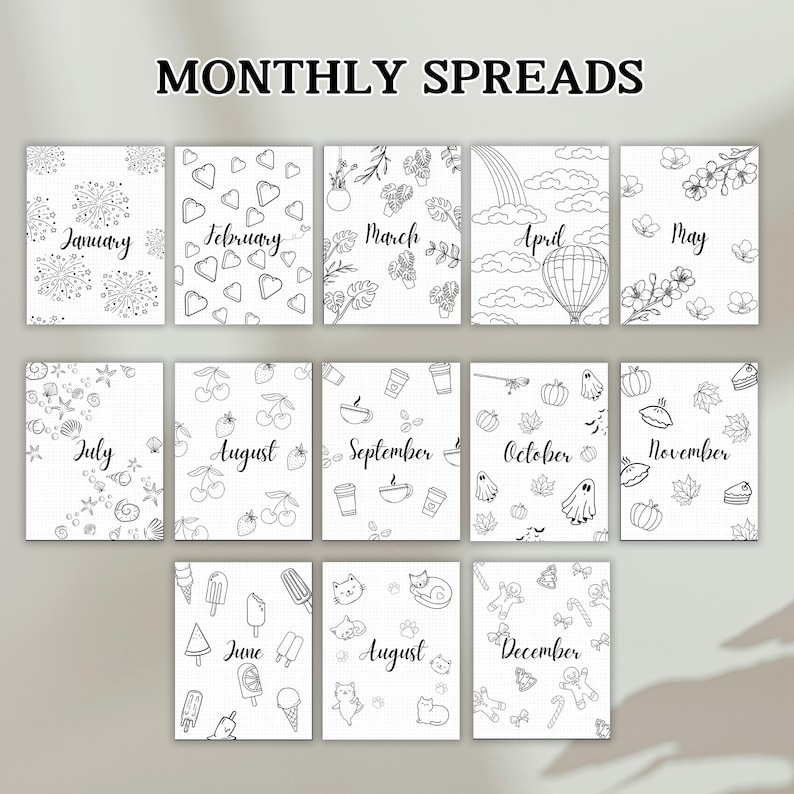 May include: A set of 12 printable monthly calendar spreads featuring black and white illustrations. Each month is represented by a different theme, such as fireworks for January, hearts for February, and flowers for May.