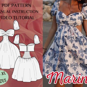 May include: A digital sewing pattern for a dress with a cut-out detail. The pattern includes a PDF pattern, manual instructions, and a video tutorial. The dress is available in sizes XS-XL. The pattern is called "Marine".