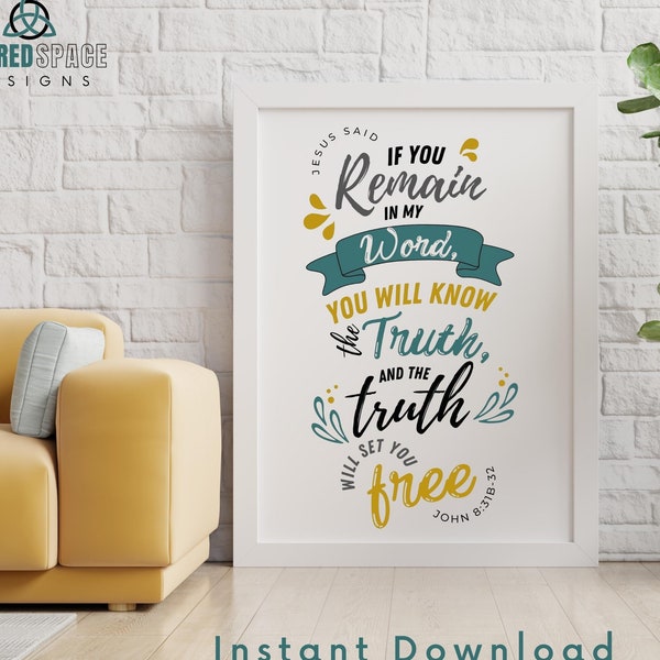 The Truth Will Set You Free John 8:31-32 Scripture Download Wall Art Typography Teen Girl Birthday Gift Baptism Gift For Teen Girl Scripture