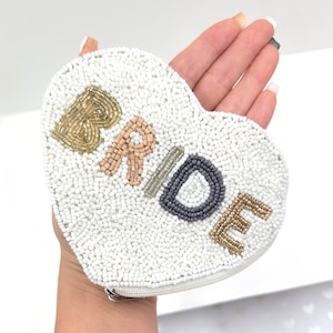 Heart BRIDE Clutch Purse, Gift For Bride, Beaded Clutch Purse, Bridal Purse Clutch, White Beaded Wedding Purse, Bride Gifts, Bridal Gifts