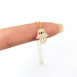 18K Gold Dipped Hamsa Necklace, Evil Eye Necklace, Small Hamsa Pendant, Dainty Necklace, Hamsa Hand Charm, Layered Necklace for Women