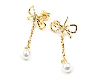 Sterling Silver Bow Pearl Dangle Earrings: Minimalist Ribbon Jewelry