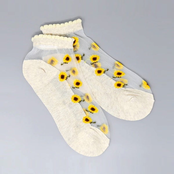 2 Pairs Sheer Ankle Socks, Mesh Cotton Socks, See Through Sunflower Engraved Socks, Fashion Trendy New Socks, Mesh Cotton Socks, Great Gifts