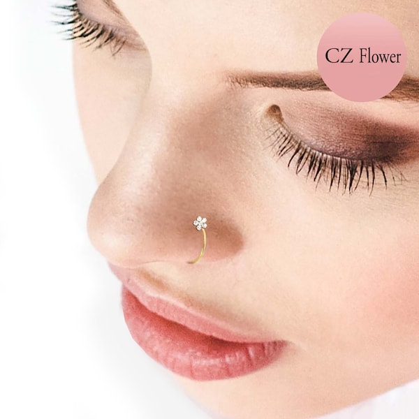 CZ Flower Nose Ring: 14k Gold Filled Brass Hoop