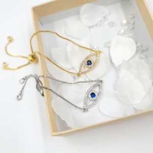 Dainty Evil Eye Slider Bracelet: Cubic Zirconia Bolo Chain